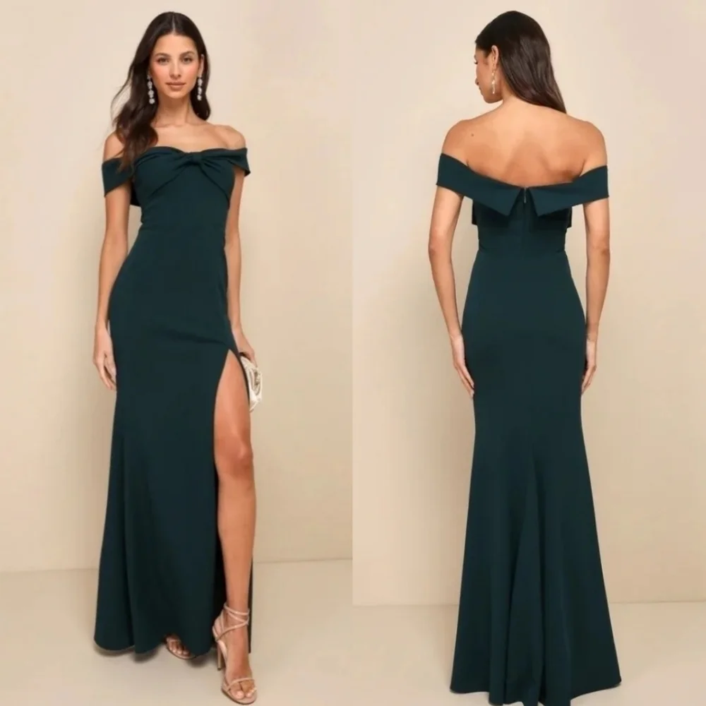 Lulus Elegant Perception Hunter Green Off-the-Shoulder Bow Maxi S Dress Party
